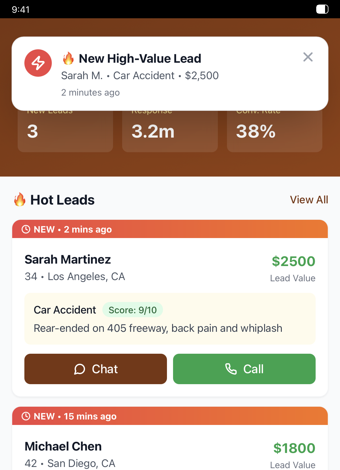 Push notification showing new high-value lead alert for Sarah M. Car Accident case worth $2,500