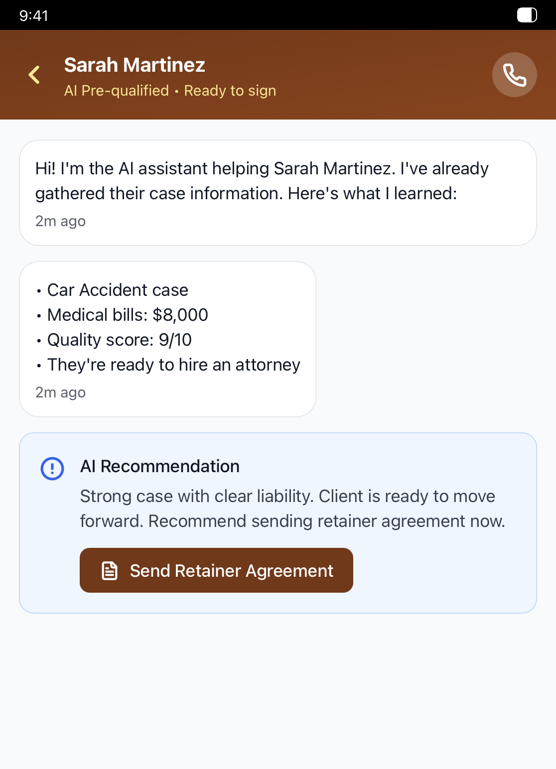 Legal Leads mobile app showing AI assistant recommendation to send retainer agreement to Sarah Martinez for Car Accident case