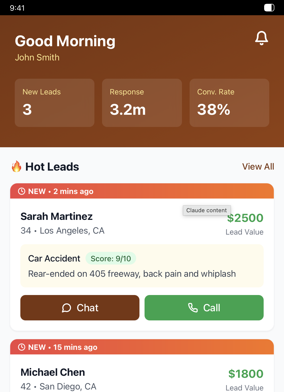 Legal Leads HQ mobile app showing active leads dashboard with Sarah Martinez and Michael Chen cases